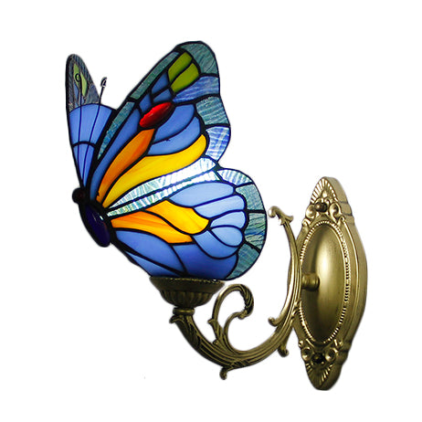 BowLift | Colored Glass Butterfly Wall Lamp Country Style 1 Light Wall Mount Lighting in Red/Blue