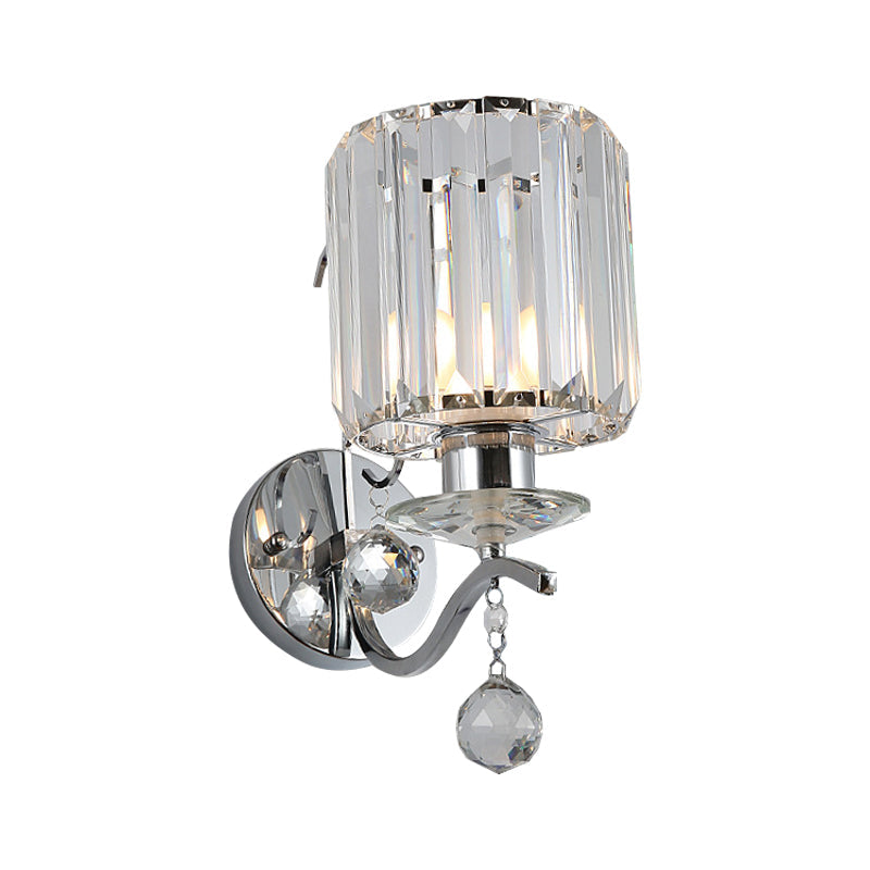 BowLift | Chrome Cylinder Wall Lamp Modernist 1 Bulb Clear Crystal Wall Lighting with Orbit Drops