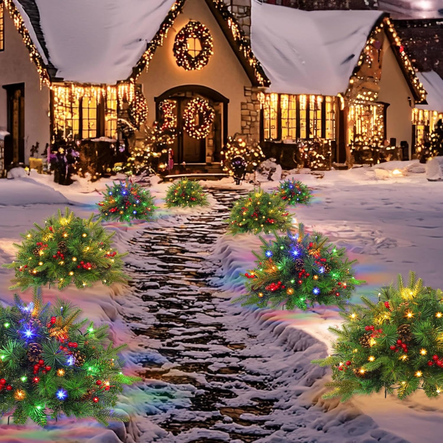 BowLift | Christmas Urn Filler with LED Lights | 18" Realistic Pine Arrangement | Indoor/Outdoor Decor