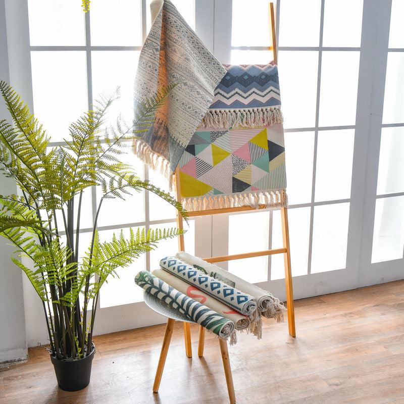 BowLift | Western Bedroom Carpet Multicolored geometric print rug cotton blend machine washable easy care with fringes