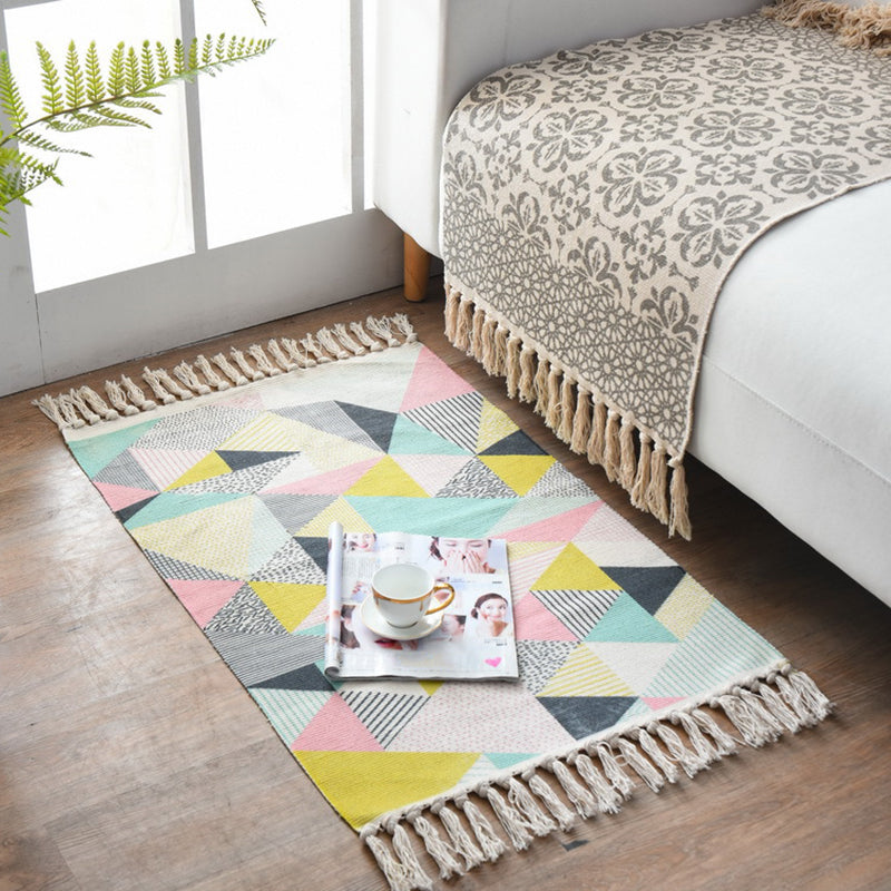 BowLift | Western Bedroom Carpet Multicolored geometric print rug cotton blend machine washable easy care with fringes
