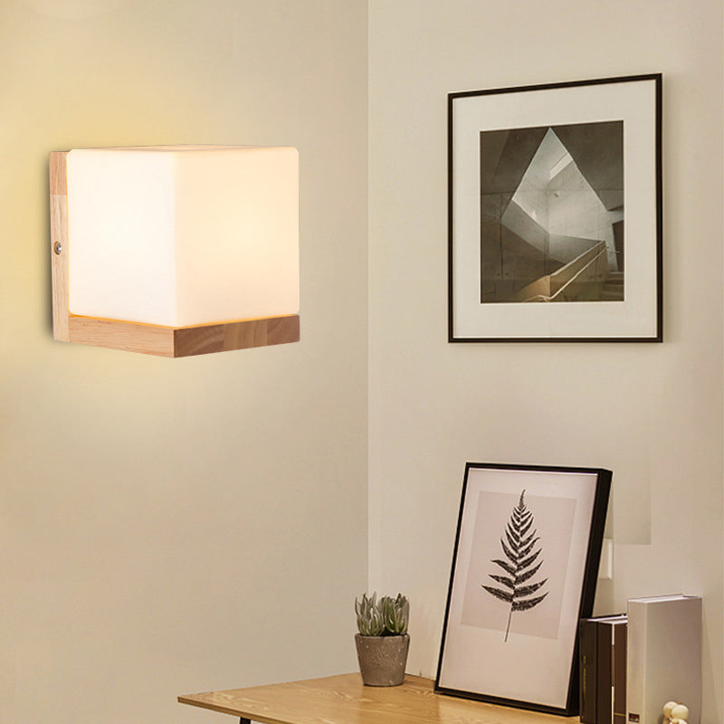 BowLift | Cube-shaped Wall Light Nordic Style White Glass 1-light Nightstand Wall Lighting with Wood Backplate