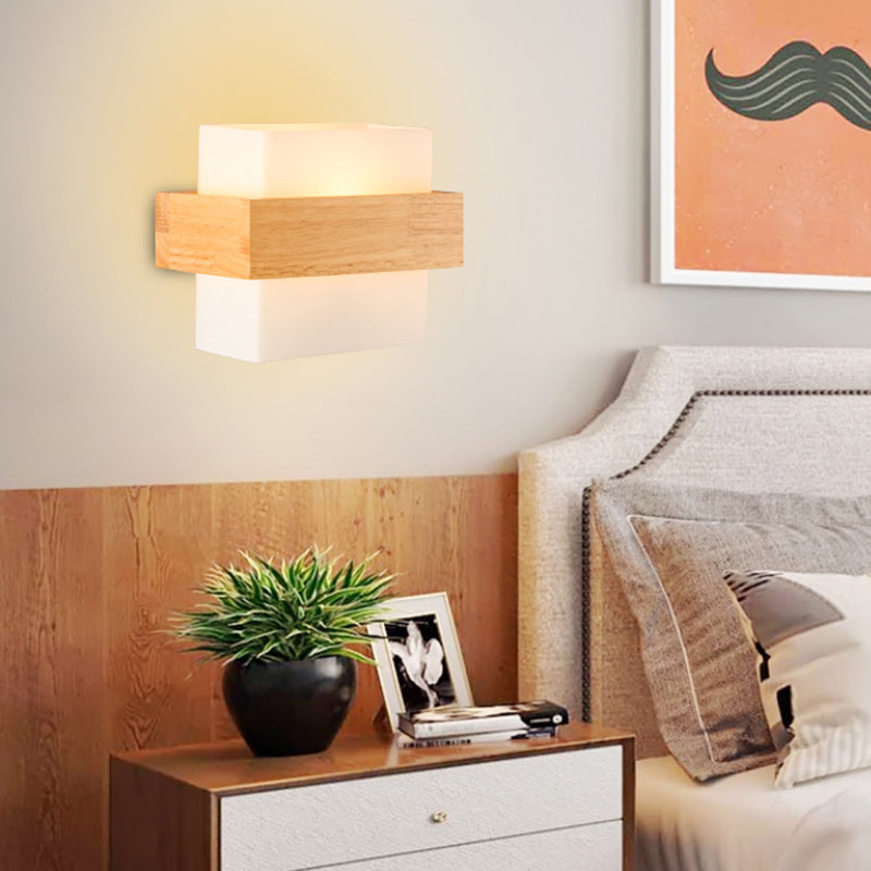 BowLift | White Glass Rectangular Wall Lamp Modern Recessed Light with Wood Decor and Single Bulb