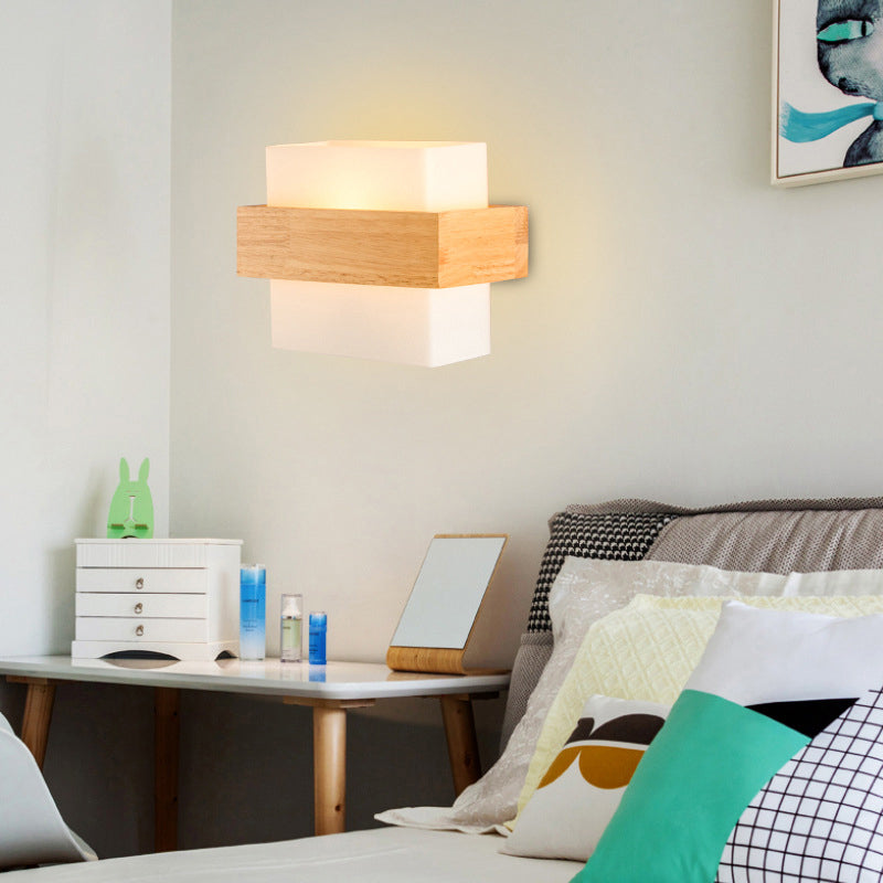 BowLift | White Glass Rectangular Wall Lamp Modern Recessed Light with Wood Decor and Single Bulb