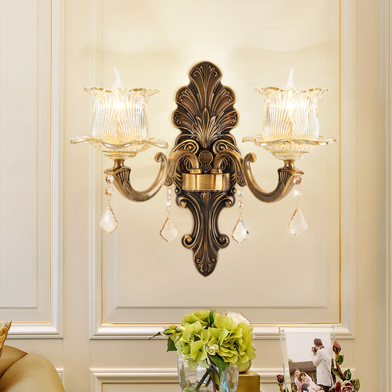 BowLift | 1/2-Light Living Room Wall Mount Lamp Vintage Style Brass Wall Light with Flower Clear Structured Glass Shade