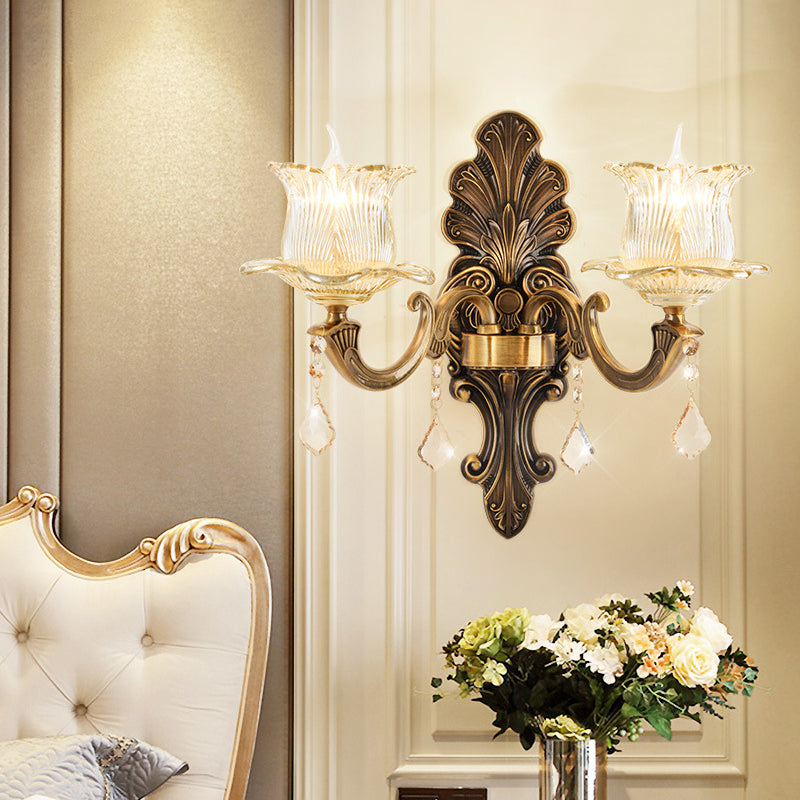 BowLift | 1/2-Light Living Room Wall Mount Lamp Vintage Style Brass Wall Light with Flower Clear Structured Glass Shade