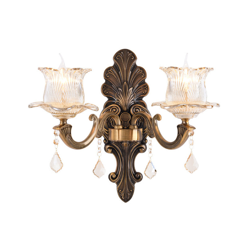 BowLift | 1/2-Light Living Room Wall Mount Lamp Vintage Style Brass Wall Light with Flower Clear Structured Glass Shade