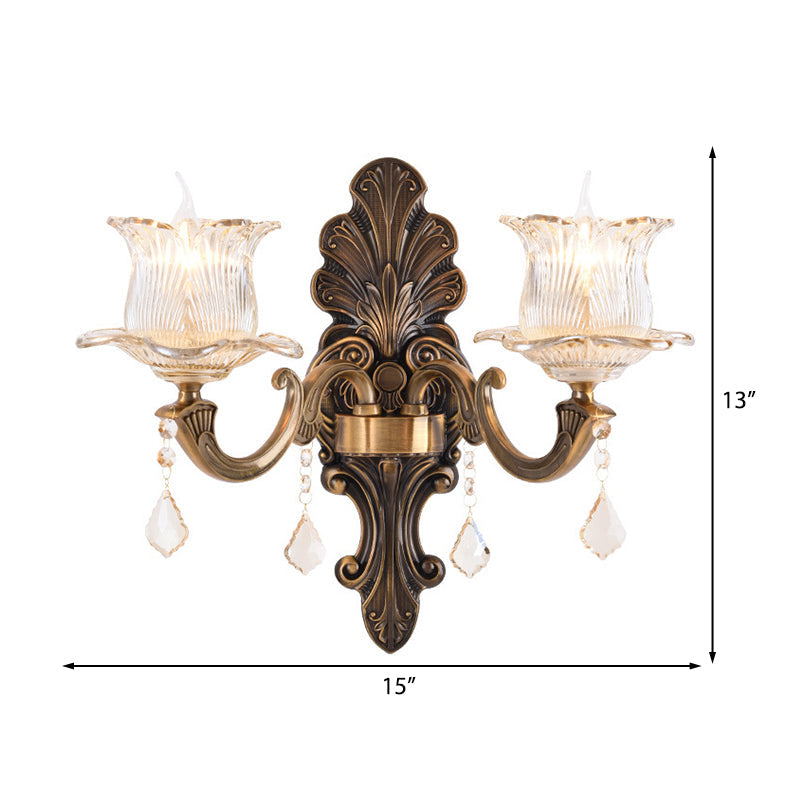 BowLift | 1/2-Light Living Room Wall Mount Lamp Vintage Style Brass Wall Light with Flower Clear Structured Glass Shade
