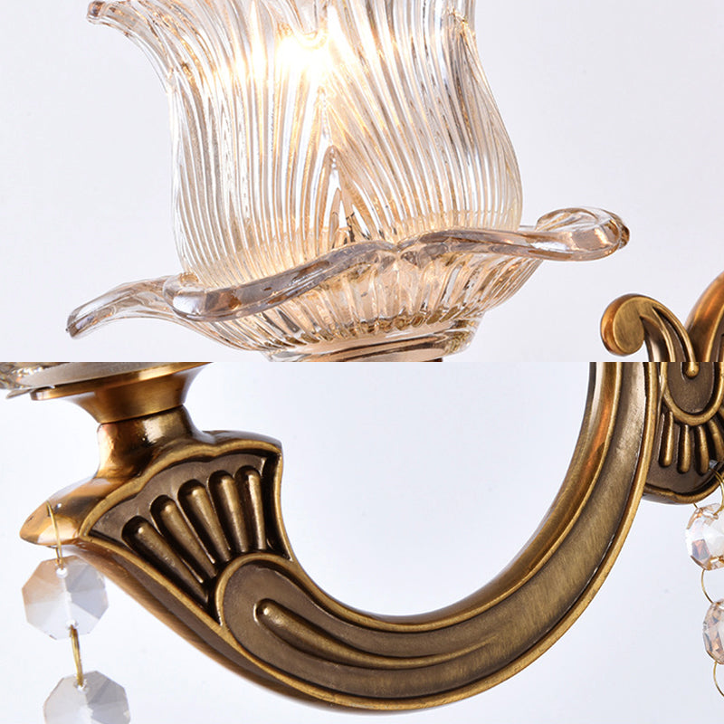 BowLift | 1/2-Light Living Room Wall Mount Lamp Vintage Style Brass Wall Light with Flower Clear Structured Glass Shade