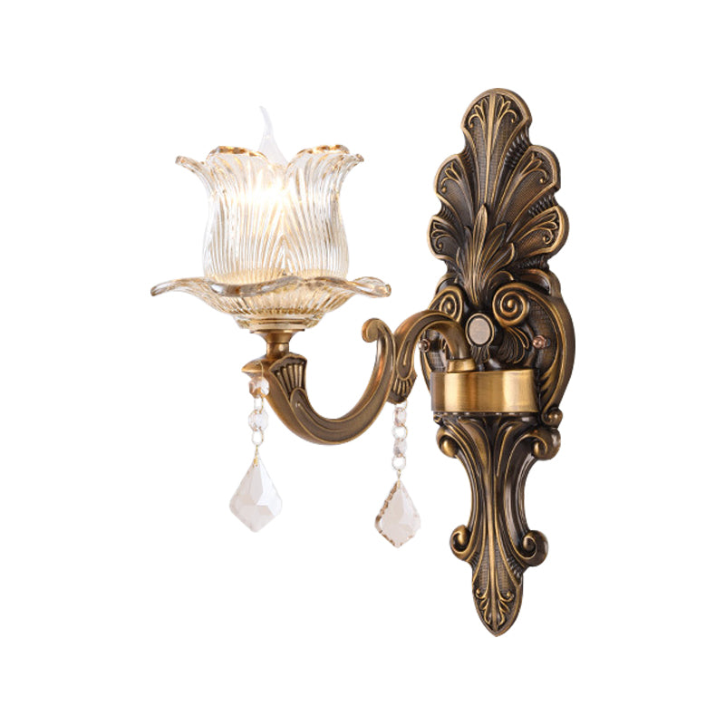 BowLift | 1/2-Light Living Room Wall Mount Lamp Vintage Style Brass Wall Light with Flower Clear Structured Glass Shade