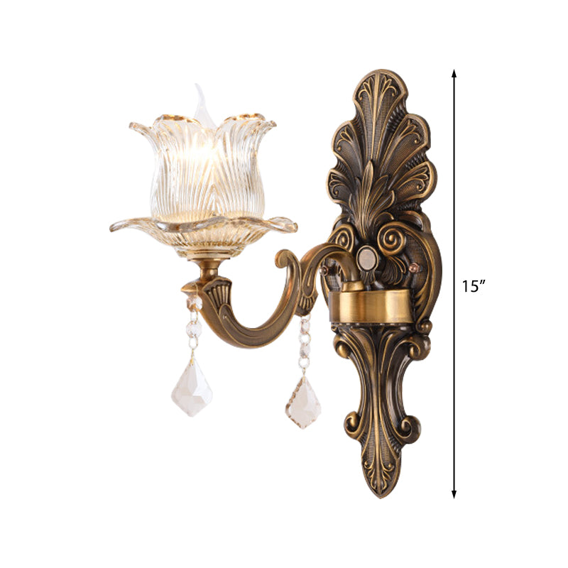 BowLift | 1/2-Light Living Room Wall Mount Lamp Vintage Style Brass Wall Light with Flower Clear Structured Glass Shade