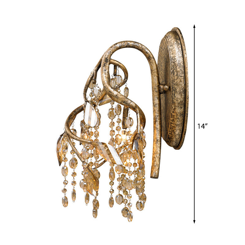 BowLift | Branching Wall-Mounted Lighting Vintage Metal 1 Bulb Brass Finish Wall Light with Amber Crystal Bead Accent
