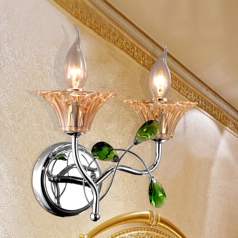 BowLift | Bell Amber Glass Wall Light Vintage Stylish 2 Light Chrome Wall Lamp with Green Drop Crystal Decor