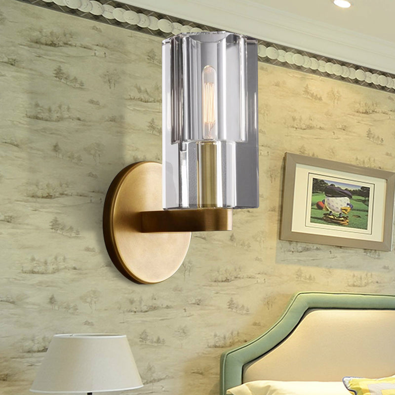 BowLift | Cylinder Clear Crystal Wall Lamp Modernist 1 Light Wall Sconce with Round Backplate in Brass