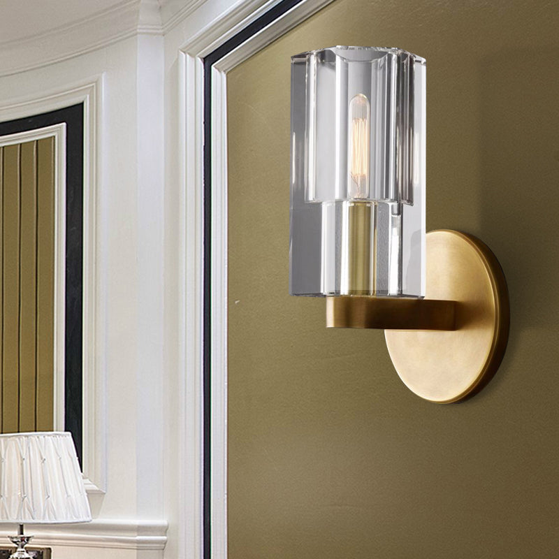 BowLift | Cylinder Clear Crystal Wall Lamp Modernist 1 Light Wall Sconce with Round Backplate in Brass