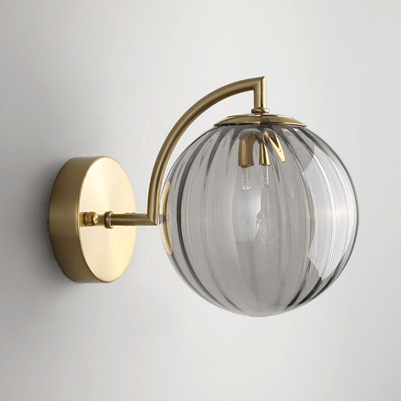 BowLift | 1-Bulb Nightstand Wall Light Simple Gold Finish Wall Light with Ball Ribbed Glass Shade