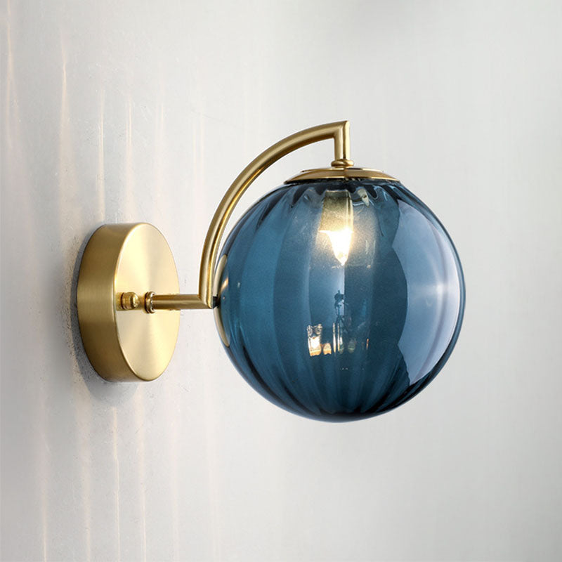 BowLift | 1-Bulb Nightstand Wall Light Simple Gold Finish Wall Light with Ball Ribbed Glass Shade