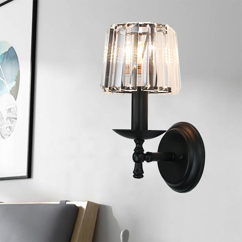 BowLift | Contemporary Cone Wall Lamp Clear Crystal 1 Head Nightstand Wall Sconces Light with Curved/Beam Arm in Black