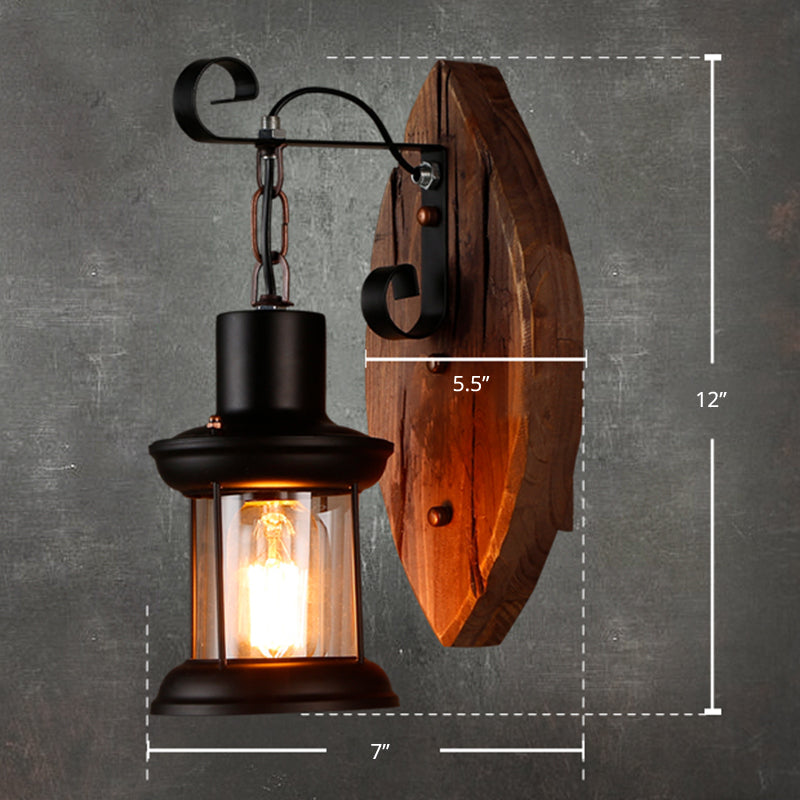 BowLift | 1-Bulb Lantern Wall Light Coastal Wood and Black Clear Glass Wall Lamp for Hallway