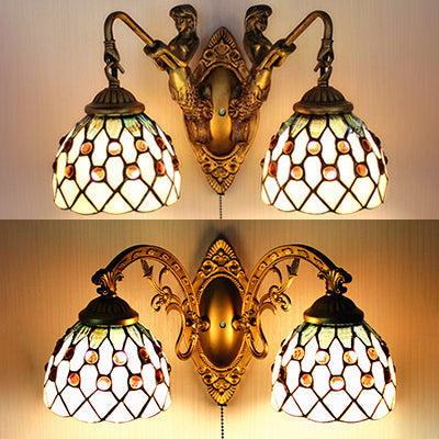 BowLift | 2 Head Wall Light Tiffany Curved Arm/Mermaid Beige Glass Wall Mount Light with Pull Switch