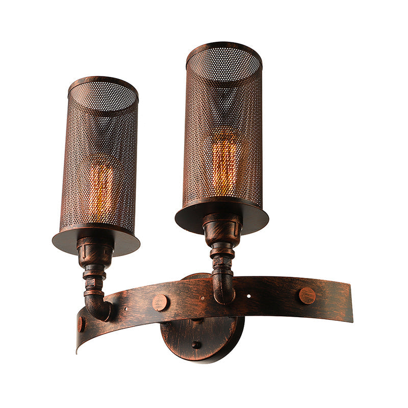BowLift | Antique style double cylinder wall lamp with mesh shade 2 lights wrought iron wall mount lamp in aged copper