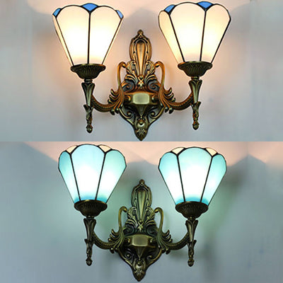 BowLift | Stained Glass Cone Wall Lamp 2 Lamps Vintage Loft Wall Mount Light in White/Blue for Bedroom