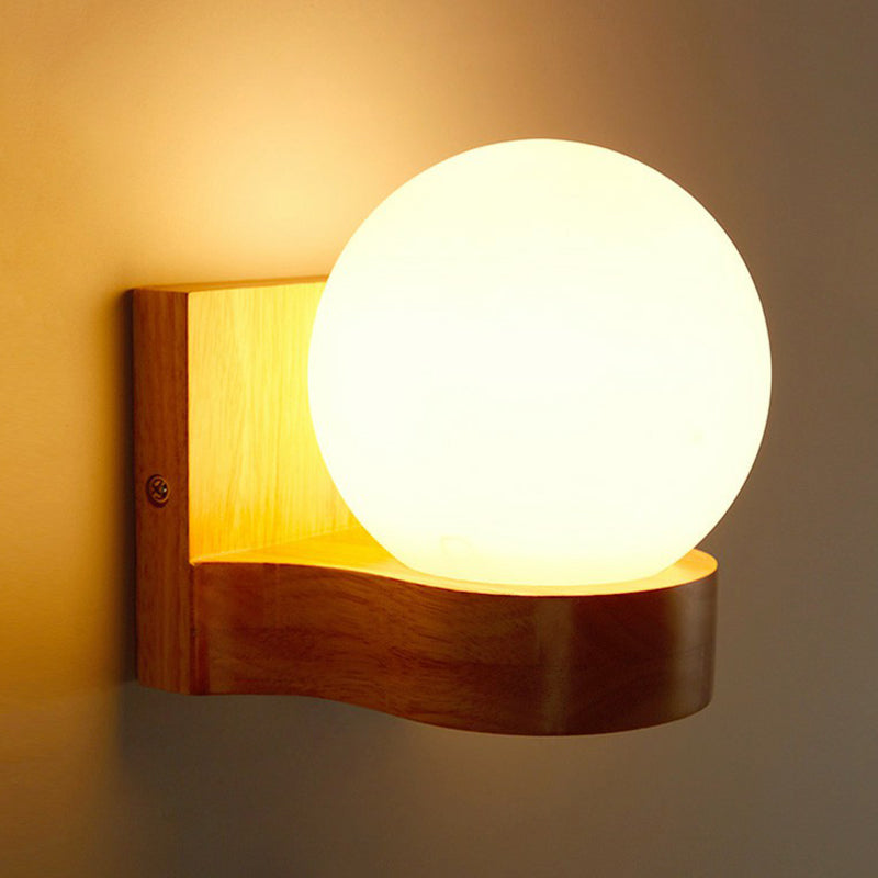BowLift | Ball-shaped Foyer Wall Light Opal Glass 1-Light Nordic Wall Light in Wood