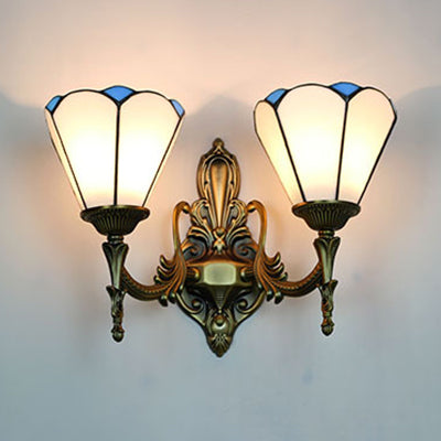 BowLift | Stained Glass Cone Wall Lamp 2 Lamps Vintage Loft Wall Mount Light in White/Blue for Bedroom