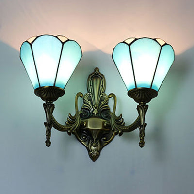 BowLift | Stained Glass Cone Wall Lamp 2 Lamps Vintage Loft Wall Mount Light in White/Blue for Bedroom