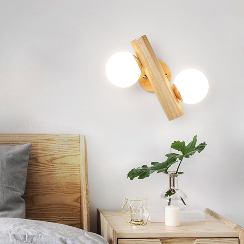 BowLift | White glass ball rotating wall lamp Nordic 2 bulbs wooden wall-mounted lamp for bedroom