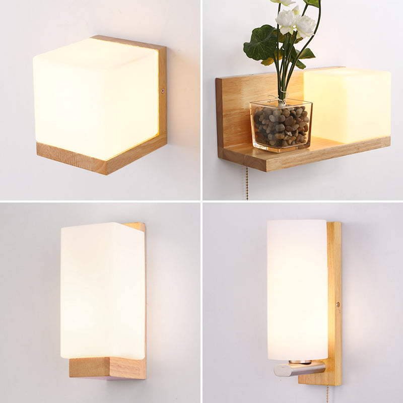 BowLift | Geometric Stair Wall Lighting Cream Glass Single Minimalist Surface Mounted Wall Light from Wood