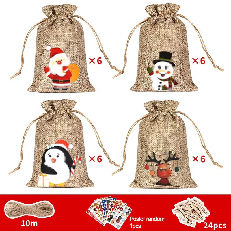 BowLift | HollyTime Adventskalender Set – 24 herbruikbare cadeauzakken met stickers, clips & touw