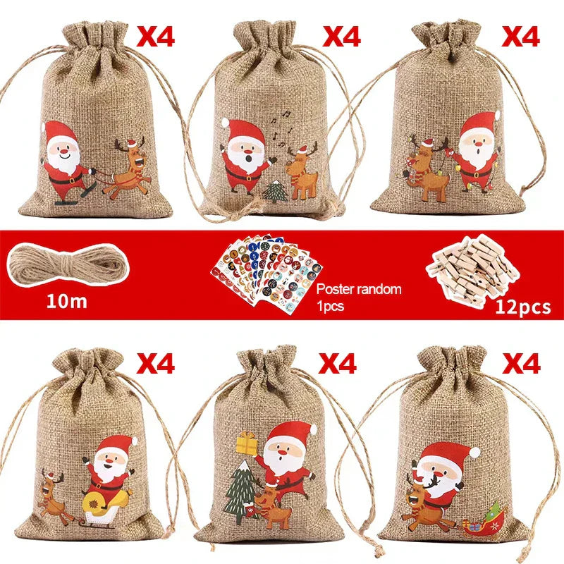 BowLift | HollyTime Adventskalender Set – 24 herbruikbare cadeauzakken met stickers, clips & touw