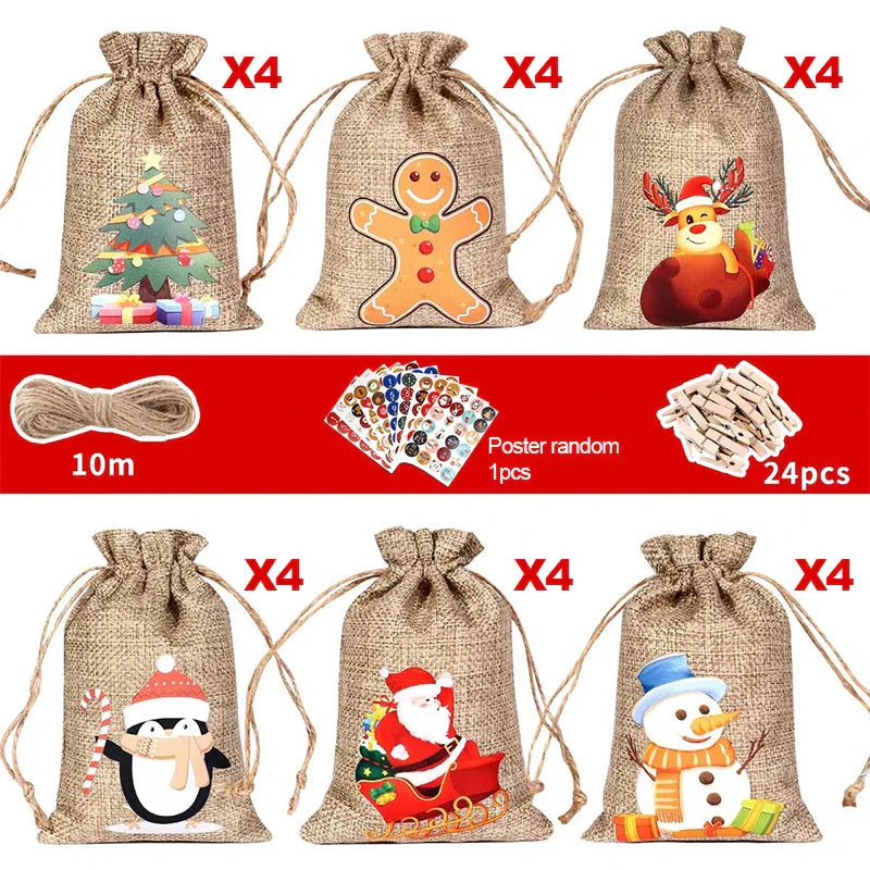 BowLift | HollyTime Adventskalender Set – 24 herbruikbare cadeauzakken met stickers, clips & touw