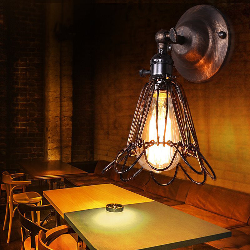 BowLift | Rotatable Bronze 1-Light Wall Lamp Industrial Iron Cage Style Flower Wall Mount Light for Bar
