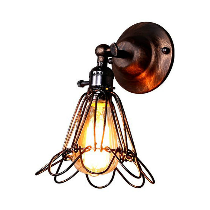 BowLift | Rotatable Bronze 1-Light Wall Lamp Industrial Iron Cage Style Flower Wall Mount Light for Bar