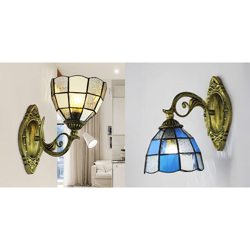 BowLift | Dome Wall Lamp Light Grid Glass 1 Head Tiffany Wall Mount Lighting in White/Blue for Bedroom