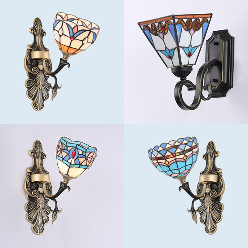 BowLift | Stained Glass Wall Lighting with Baroque/Flower/Gem/Magnolia Pattern Tiffany 1 Light Indoor Wall Lamp in Blue