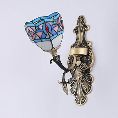 BowLift | Stained Glass Wall Lighting with Baroque/Flower/Gem/Magnolia Pattern Tiffany 1 Light Indoor Wall Lamp in Blue