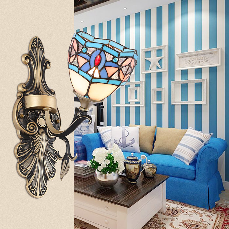 BowLift | Stained Glass Wall Lighting with Baroque/Flower/Gem/Magnolia Pattern Tiffany 1 Light Indoor Wall Lamp in Blue