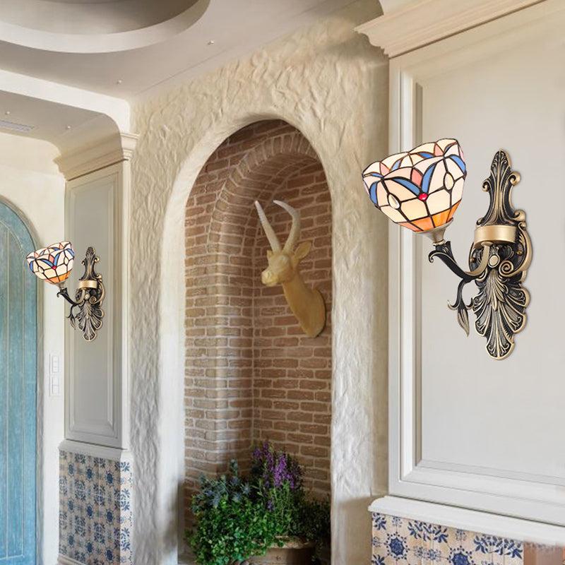 BowLift | Stained Glass Wall Lighting with Baroque/Flower/Gem/Magnolia Pattern Tiffany 1 Light Indoor Wall Lamp in Blue