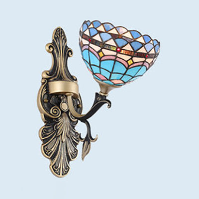 BowLift | Stained Glass Wall Lighting with Baroque/Flower/Gem/Magnolia Pattern Tiffany 1 Light Indoor Wall Lamp in Blue