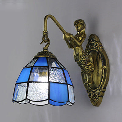 BowLift | Baroque Checkered Wall Lamp 1 Head White/Blue Glass Wall Mounted Lighting Fixture for Hall