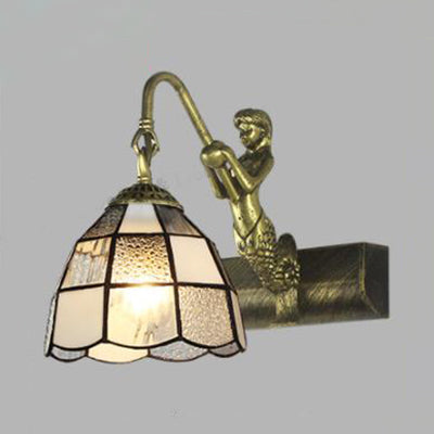 BowLift | 1 Head Dome Vanity Wall Light Tiffany White/Blue Glass Wall Mounted Light with Mermaid Backplate