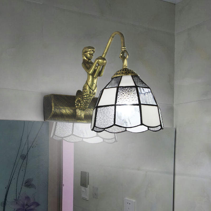 BowLift | 1 Head Dome Vanity Wall Light Tiffany White/Blue Glass Wall Mounted Light with Mermaid Backplate