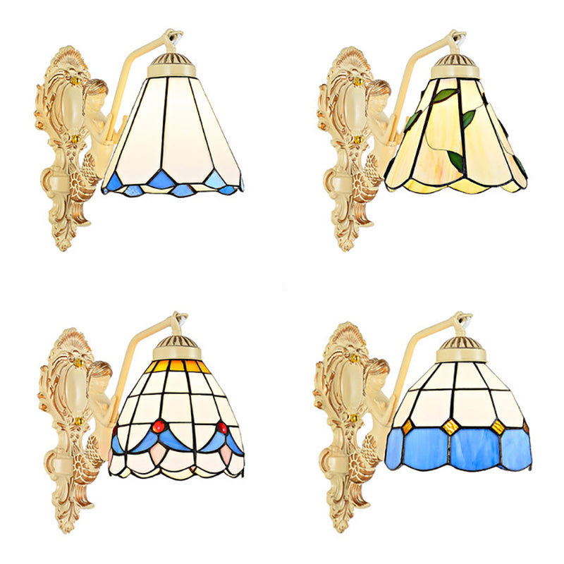 BowLift | 1 Light Wall Sconce Baroque Dome/Cone Beige Glass Wall Mount Lighting with Leaf/Stone/Flower Pattern