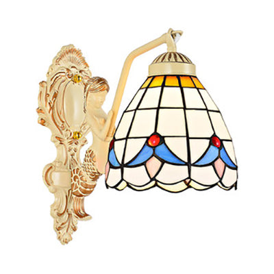 BowLift | 1 Light Wall Sconce Baroque Dome/Cone Beige Glass Wall Mount Lighting with Leaf/Stone/Flower Pattern