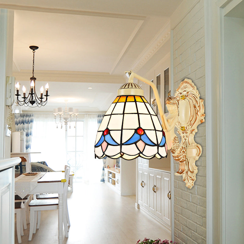 BowLift | 1 Light Wall Sconce Baroque Dome/Cone Beige Glass Wall Mount Lighting with Leaf/Stone/Flower Pattern