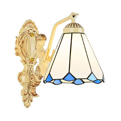 BowLift | 1 Light Wall Sconce Baroque Dome/Cone Beige Glass Wall Mount Lighting with Leaf/Stone/Flower Pattern