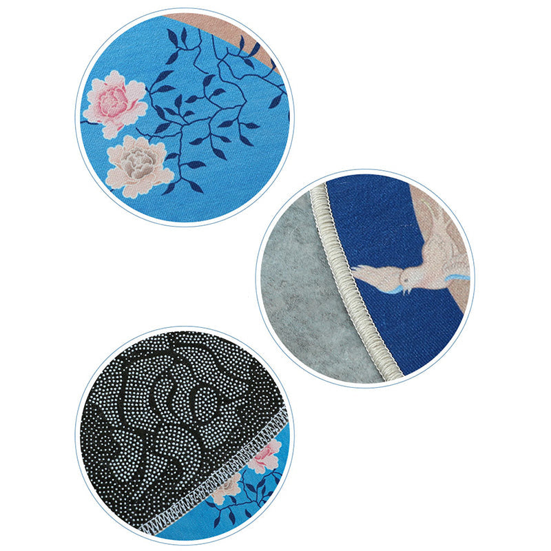 BowLift | Blue Flower Printed Rug Cotton Blend Vintage Rug with Non-Slip Backing Stain-Resistant Indoor Rug for Bedroom